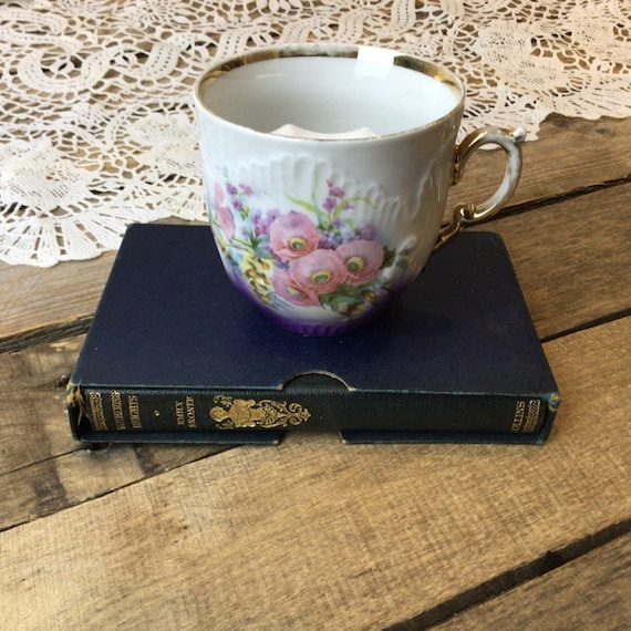 Antique Mustache Mug, Victorian Floral Moustache Cup, Purple Pink 