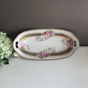 Vintage Porcelain Tray, Bavaria, Hand painted Pink Roses, Gold Gilt, Oval, Handles, Vanity Tray, Decorative,  Germany