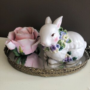 Vintage Easter Bunny Rabbit, Flowers, Lidded Container, Ceramic, Spring Easter Decor, Figurine, Sweet Dish, Trinket Dish