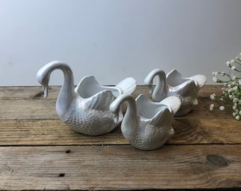Vintage Ceramic Swan Planter Set of 3, Porcelain Swans, White Pearl Iridescent, Made in Portugal
