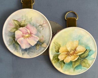 Vintage Hand-Painted Porcelain Flower Plaques, Set of 2 Hanging Wall Art , Signed, Round Medallions with Ribbons