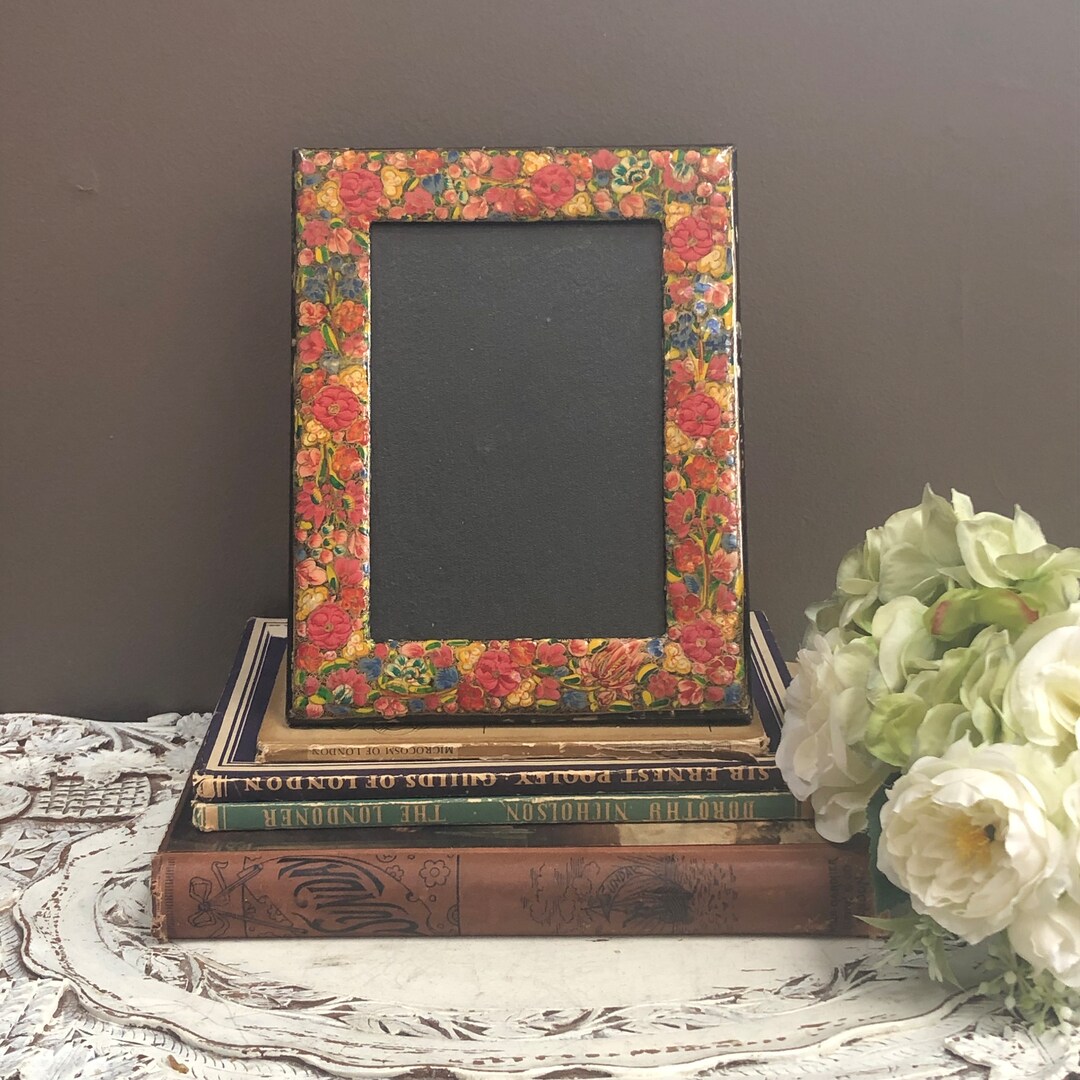 Vintage Kashmir Paper Mache Photo Frame, Floral, India, Hand Made