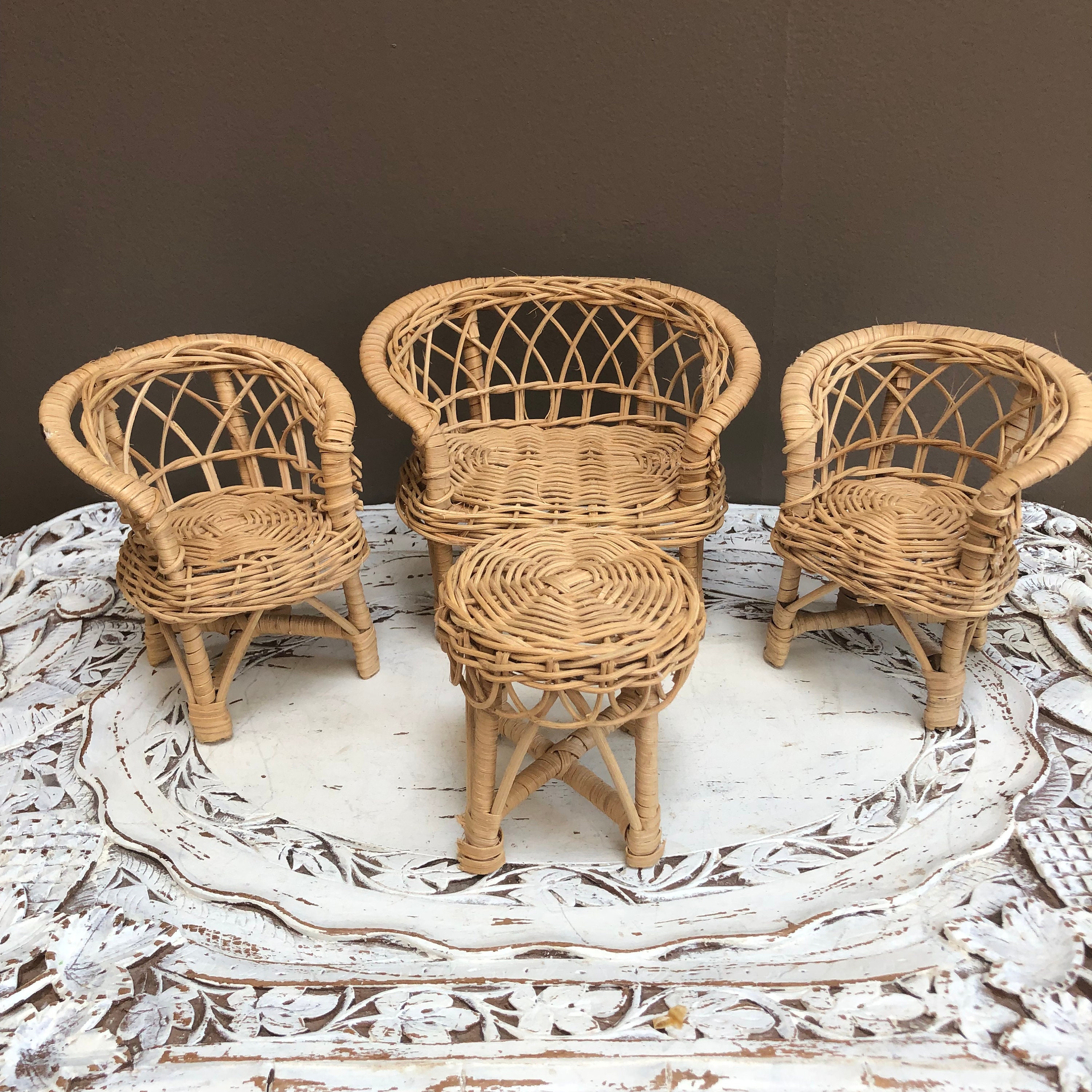 Vintage Wicker Doll Furniture Sofa Couch Chairs and Table