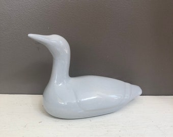 Vintage Northern Pottery Loon Sculpture, Signed, Canada, Ceramic Bird Decor, Blue / Grey