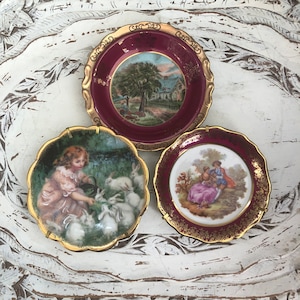 Vintage Decorative Plates, Wall Collage Display, Small Set of 3, Limoges, Gold Gilt, Hangers, Child, Rabbits, Fragonard, Courting Couple