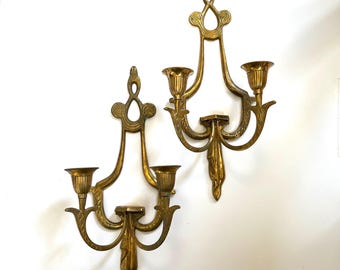 Vintage Brass Wall Sconces Pair - Double Arm Candle Holders - Hollywood Regency Neoclassical Wall Decor - Set of 2 Solid Brass Candelabras