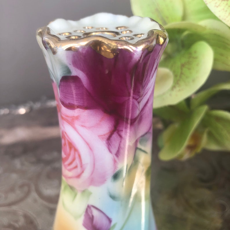 Antique Nippon Hat Pin Holder Vase 1900s Handpainted Roses Etsy