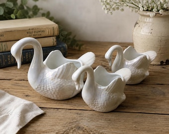 Vintage Ceramic Swan Planter Set of 3, Porcelain Swans, White Pearl Iridescent, Made in Portugal