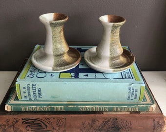 Vintage Studio Pottery Candle Stick Holders, Earthenware, Neutral, Boho, Signed, Made in Canada