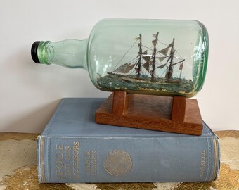Vintage Ship in a Bottle, Nautical Decor, Three-Masted Sailing Ship Model on Wooden Stand, Coastal Home Decor, Sailor Gift, Maritime Art