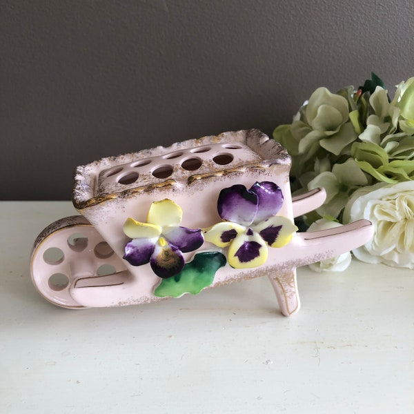 Vintage Vase / Planter, Flower Frog, Pink And Gold, Wheelbarrow, Enterprise Japan, Kitsch, Spring / Easter Decor, Gardening Lover Gift