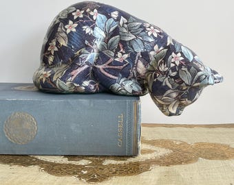 Vintage Floral Decoupage Ceramic Cat Figurine, Reclining Chintz Porcelain Sleeping Kitty Statue, Oversized Cottagecore Shelf Sitter
