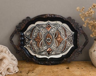 Vintage Etched Copper Tray, Large, Wall Hanging, India, Boho, Ornate, Centrepiece, Display