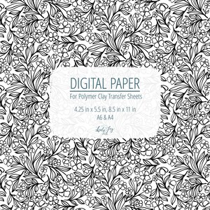 May include: Digital paper with a black and white floral pattern. The design features detailed illustrations of flowers and leaves. The text on the paper reads "DIGITAL PAPER" and specifies sizes of 4.25 x 5.5 in and 8.5 x 11 in.