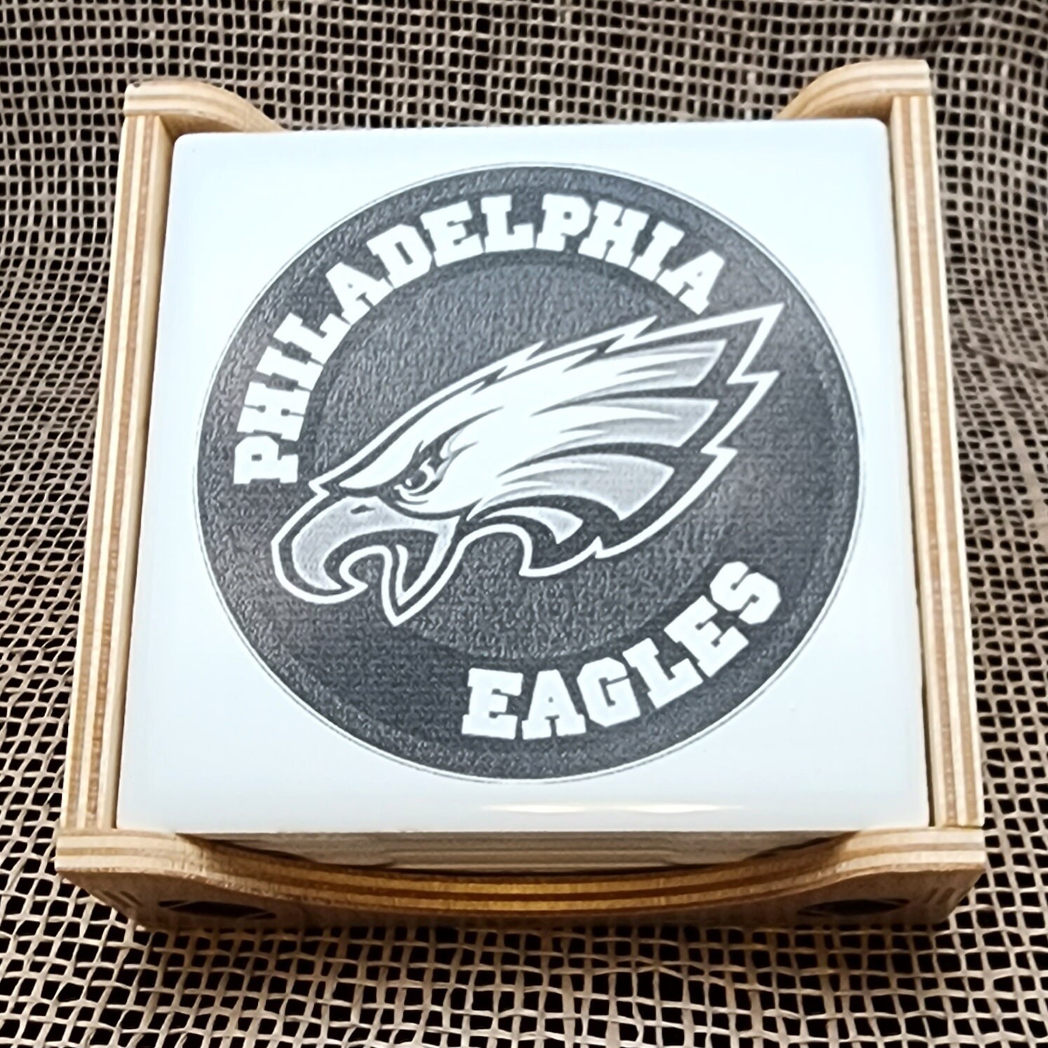 Philadelphia Eagles laser engraved ceramic tile coasters with custom laser engraved wooden holder