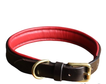 Hand Stitched Padded Leather Dog Collar: Custom Bridle Leather. Brown and red padding
