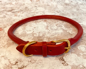 Rolled Red Leather dog collar, Custom Dog Collar, Red Leather Collar - this collar is handmade to order so it fits your dog perfectly.