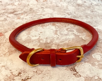 Handmade Rolled Red Leather Dog Collar: Custom Fit, Brass Hardware