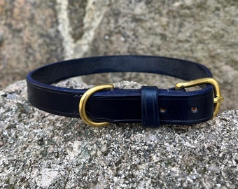 Dark Blue Leather Dog Collar, Navy Blue Dog Collar, Traditional Leather Dog Collar