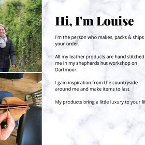 May include: A woman standing in front of a green bush, smiling and looking at the camera. The text "Hi, I'm Louise" is written in black bold letters on a white marble background. The text below explains that Louise makes, packs, and ships leather products from her workshop on Dartmoor.