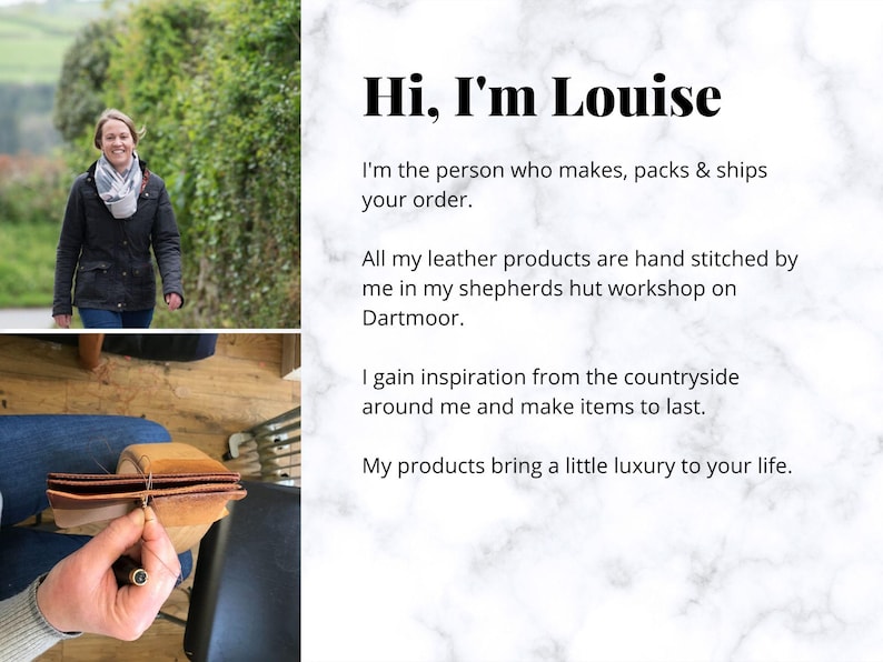 May include: A woman standing in front of a green bush, smiling and looking at the camera. The text "Hi, I'm Louise" is written in black bold letters on a white marble background. The text below explains that Louise makes, packs, and ships leather products from her workshop on Dartmoor.