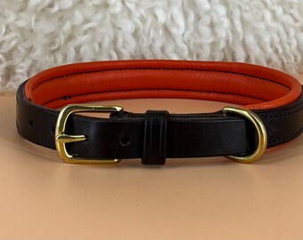 Handmade Padded Leather Dog Collar: Strong Bridle Leather, Orange Comfort Padding