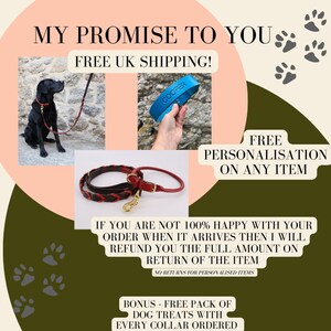 May include: A promise to customers for free UK shipping, free personalization on any item, and a free pack of dog treats with every collar ordered. The image shows a black dog on a leash, a blue leather collar with the name "Cooper" on it, and a brown leather leash with a red leather handle.