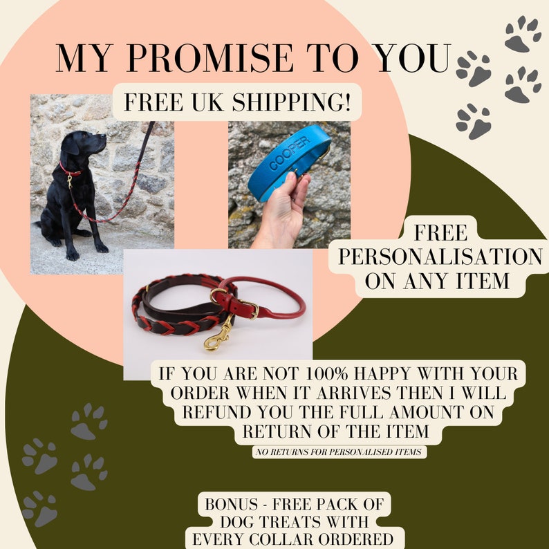 May include: A promise to customers for free UK shipping, free personalization on any item, and a free pack of dog treats with every collar ordered. The image shows a black dog on a leash, a blue leather collar with the name "Cooper" on it, and a brown leather leash with a red leather handle.