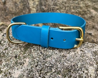 Blue Leather Dog Collar: Large Breed, Personalized Brass Fittings