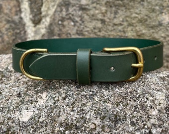 Green Leather Dog Collar: Personalized Veg Tanned Leather, Solid Brass Fittings