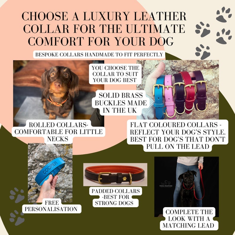 May include: A variety of leather dog collars in different colors and styles. The collars are handmade and feature solid brass buckles. The text on the image reads "Choose a luxury leather collar for the ultimate comfort for your dog." and "Bespoke collars handmade to fit perfectly."