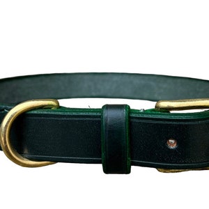 May include: A dark green leather dog collar with a brass buckle and D-ring.