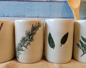 Handmade Botanical Stoneware Utensil Holder, Lavender, Rosemary, Sage, Cedar -- Housewarming Gift for Plant Lover