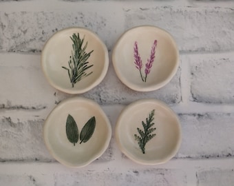 Handmade Botanical Stoneware Ring Dish, Herb Jewelry Dish, Lavender, Rosemary, Sage, Cedar