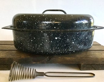 blue speckled enamel roasting pan