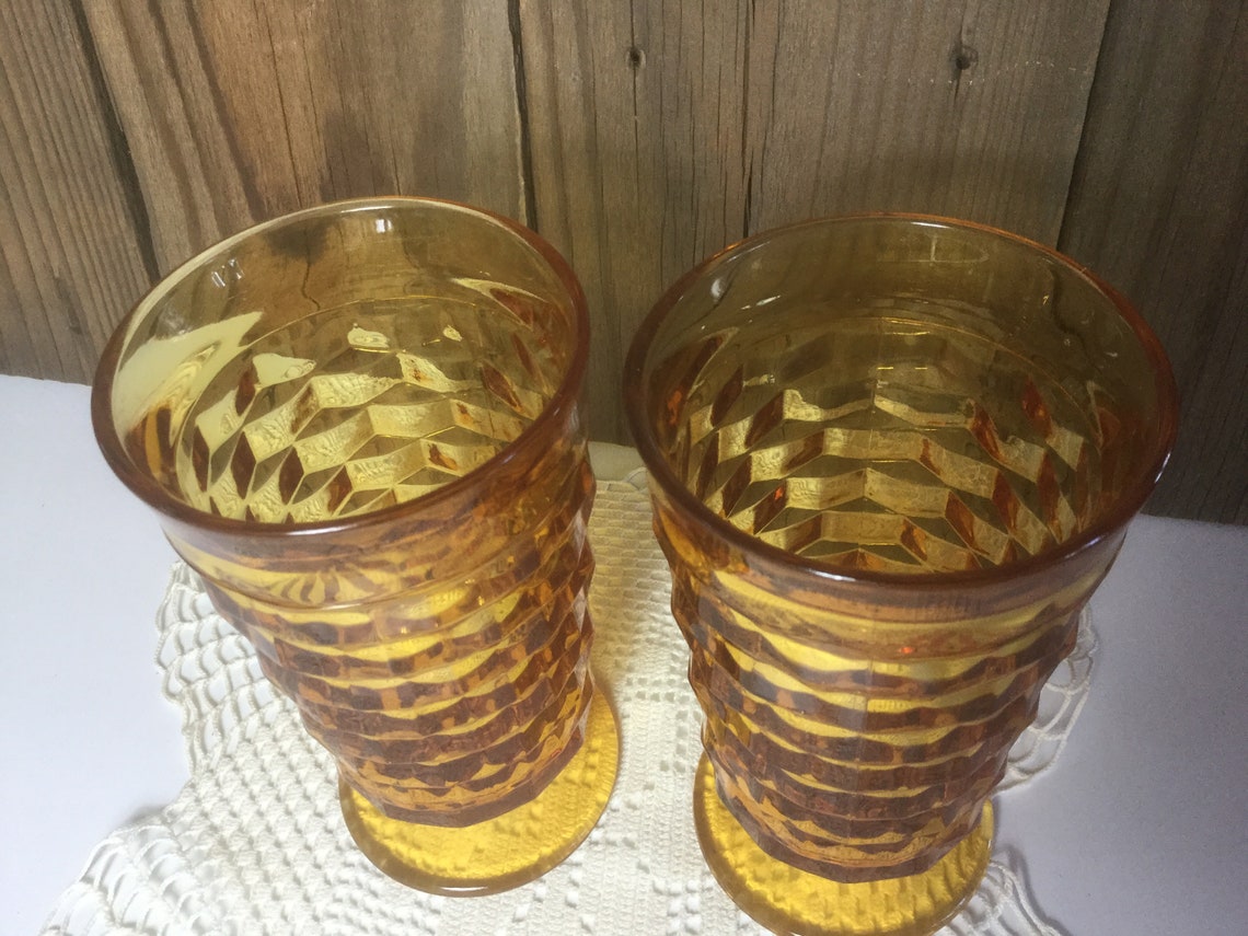 Vintage Amber Glass Tumblers Whitehall Cubist Footed Water Etsy