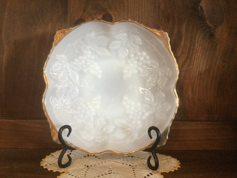 Anchor Hocking Gold Trimmed Serving Plate Vintage Milk Glass Vintage Plate GrapevineDesign WeddingShower Decor Kitchen Farmhouse Decor SALE