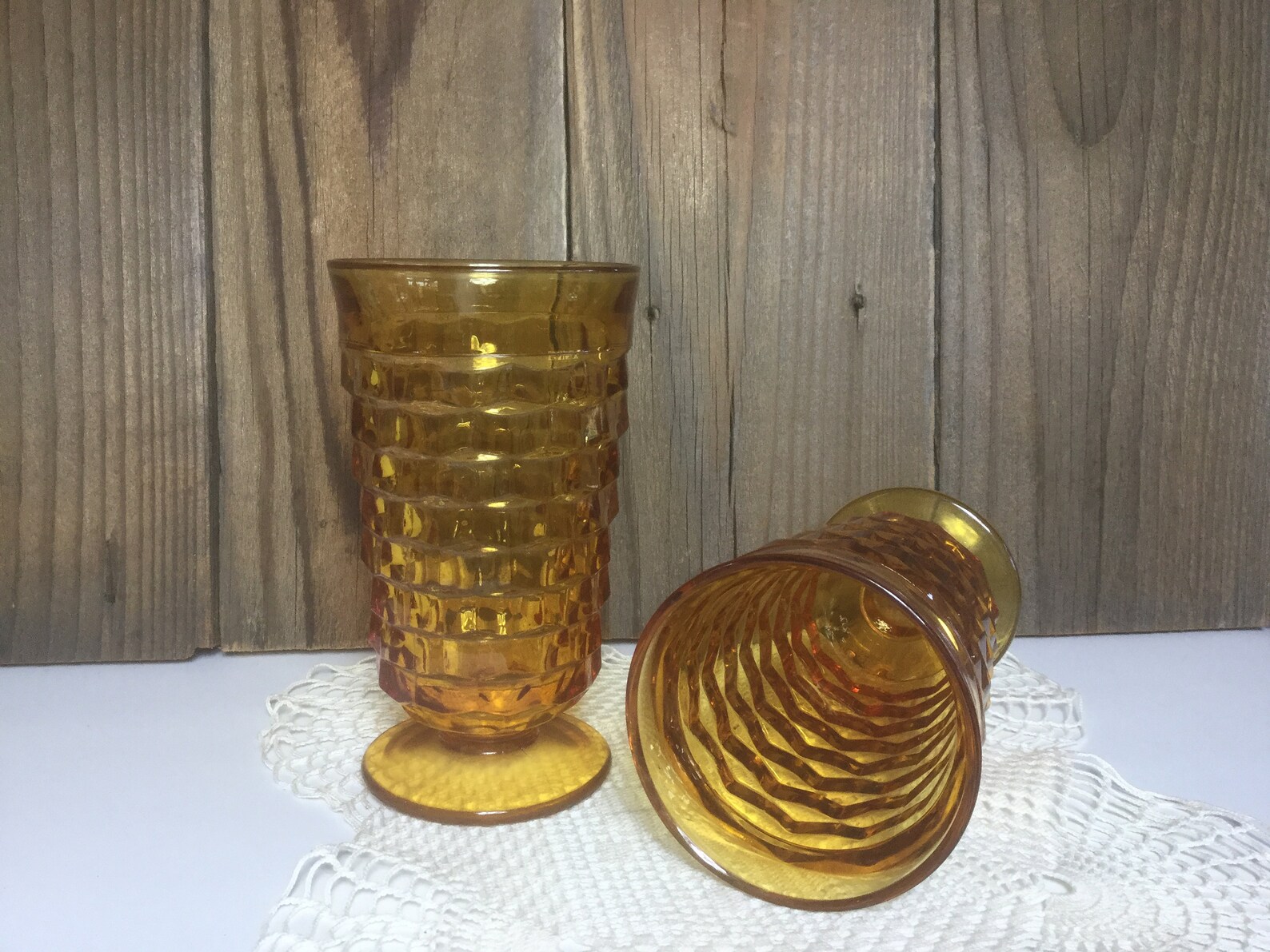 Vintage Amber Glass Tumblers Whitehall Cubist Footed Water Etsy