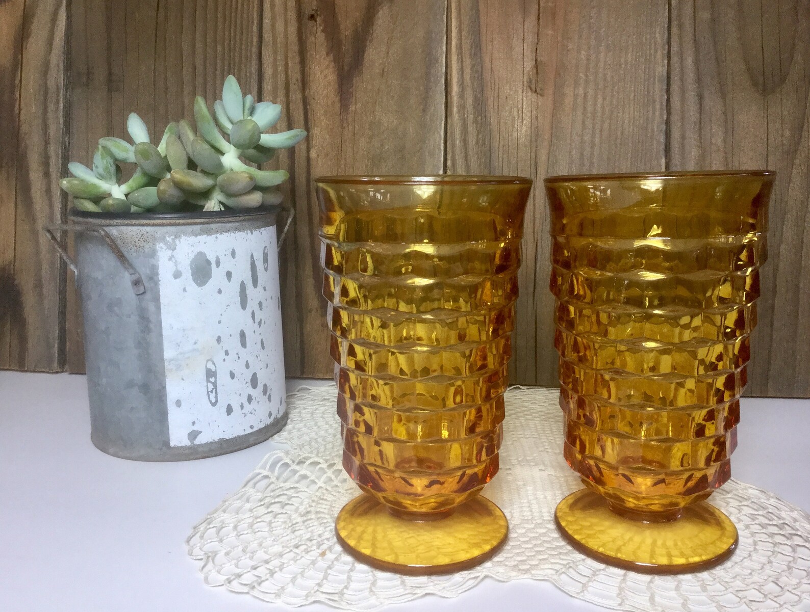 Vintage Amber Glass Tumblers Whitehall Cubist Footed Water Etsy