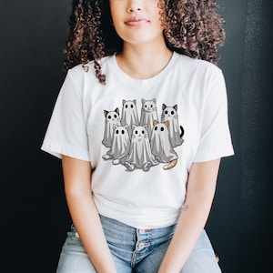 Desenhos animados gatos fantasmas engraçados fofos halloween outono novidade camisetas gráficas, camisetas femininas plus size, presente para melhor amiga