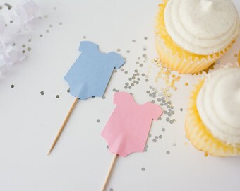 Gender Reveal Cupcake Toppers - Baby Bodysuit - Bodysuit Cupcake Topper - Baby Shower - Smash Cake, Baby - Baby Shower Decor - Party Decor