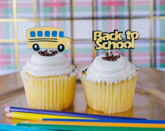 Home School - Back to School Cupcake Toppers - First Day of School - Preschool - 1st Day of School - Back to School - School Bus - Preschool