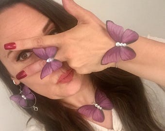 Handmade Silk Butterfly Brooch Set – Purple Insect Pins, Fashion Accessories