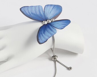 Dark Blue Silk Butterfly Adjustable Bracelet | Handmade Jewelry Gift for Her | Unique Fashion Accessory
