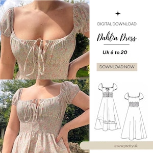 Milkmaid, shirred waist, short puff sleeves, pdf digital sewing pattern, uk sizes 6 to 20, cottagecore, dahlia dress