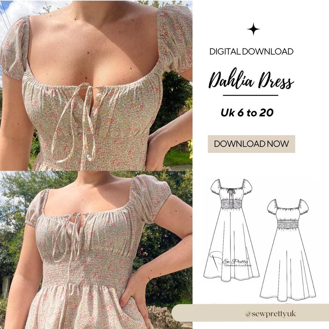 Milkmaid, shirred waist, short puff sleeves, pdf digital sewing pattern, uk sizes 6 to 20, cottagecore, dahlia dress