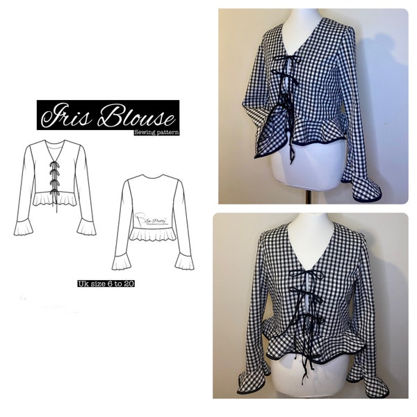 Iris Blouse, pdf sewing pattern, tie front blouse, flounce sleeves, flounce waist peplum.