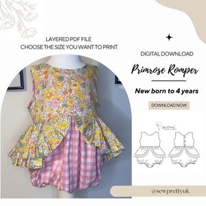 primrose romper pdf sewing pattern, layered pdf pattern , sizes newborn to 4 years, downloadable.