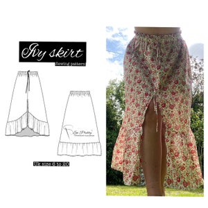 May include: A sewing pattern for an Ivy skirt, with a line drawing of the skirt and a photo of a woman wearing a floral print skirt. The pattern is available in UK sizes 6 to 20.