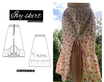 Ruffled skirt with inseam pockets pdf digital download sewing pattern. Front slit, drawstring, inseam pockets, paper bag waist line.